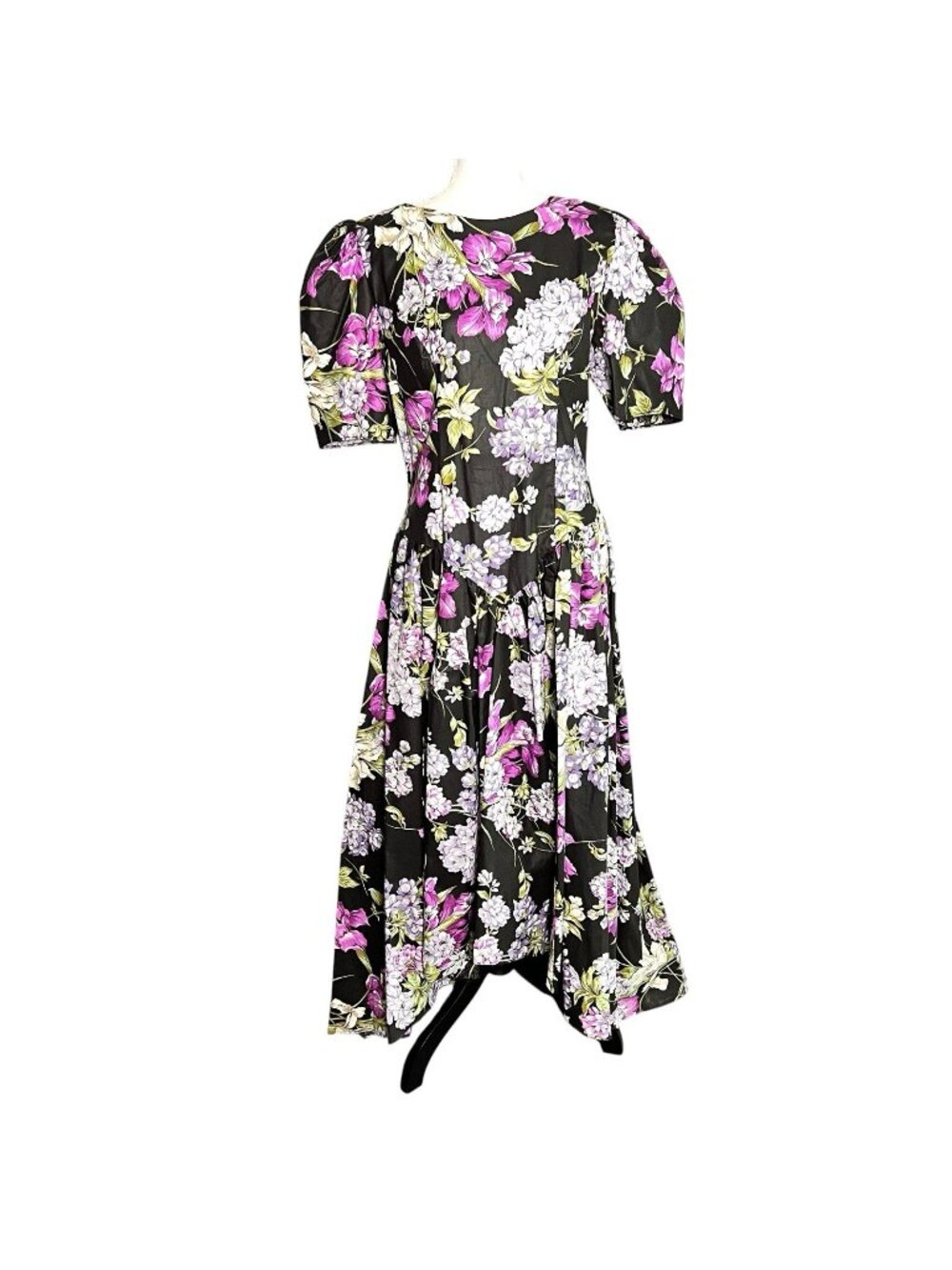 Vintage 90s Loralie Floral Cotton Midi Dress Open Back Puff Sleeve Cottagecore L